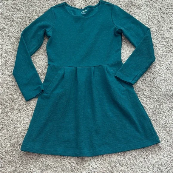 Dark Teal, ribbed, Long Sleeve Kids Dress. 10-12. With pockets! - Picture 1 of 5